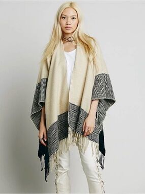 Free People Tan and Black Fringe Poncho Wrap